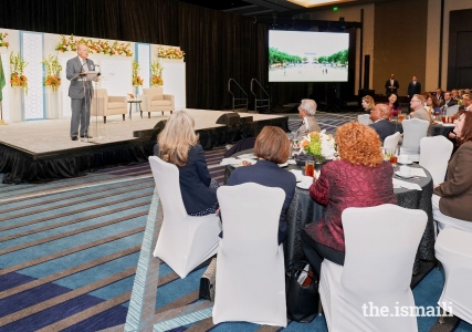 Prince Amyn addresses the audience during a luncheon celebrating the topping out of the Ismaili Center.